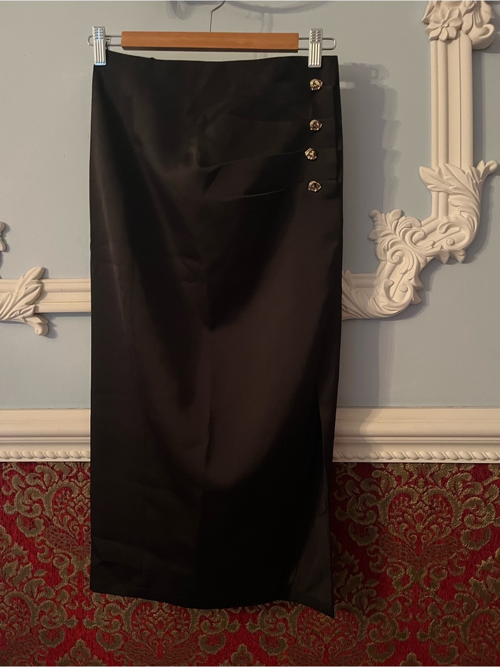 Black Satin Midi Pencil Skirt with Decorative Buttons